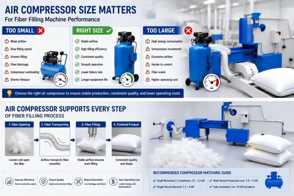 Air Compressor For Fiber Filling Machine,Fiber Filling Machine Air Pressure,Air Compressor Size For Stuffing Machine What Happens If The Air Compressor Is Too Large Or Too Small For A Fiber Filling Machine?